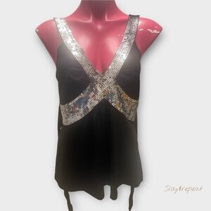 ✨ Double Hearts Black Sequin Empire Waist Party Top – Women’s Size L ✨